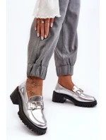 Damskie Skórzane Półbuty Na Masywnym Obcasie Srebrne Lemmitty