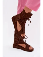 Dámské sandály Eko semiš s vysokým páskem a šněrováním Čokoládové Ferlisse