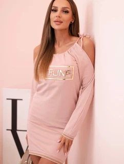 Dámske bavlnené šaty na ramienka s nápisom OFFLINE tmavo púdrovo ružové