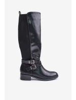 Kozaki Damskie Przed Kolano Na Płaskim Obcasie Z Klamrami Czarne Lotina