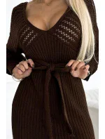 507-3 Azura svetrové šaty s výstrihom a viazaním - CHOCOLATE 507-3 Azura svetrové šaty s výstrihom a viazaním - CHOCOLATE