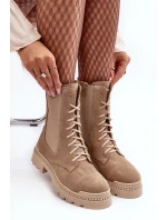 Zamszowe Damskie Botki Workery Sznurowane Beżowe Nicole 2836