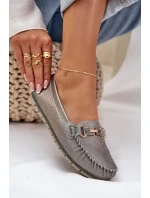 Brokatowe Płaskie Mokasyny Ze Skóry Naturalnej D&A LR51-546 Srebrne