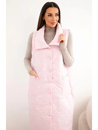 Dámska prešívaná dlhá vesta s vreckami a stojacím golierom candy pink
