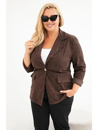 Dámske sako Plus Size z manšestru s klopami a vreckami, hnedé Dámske sako Plus Size z manšestru s klopami a vreckami, hnedé