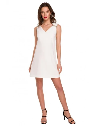 K128 Jednofarebné šaty áčkového strihu s mašľou - farba ecru
