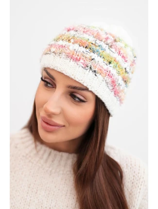 Dámska zimná čiapka s farebným vláknom a elastickou šnúrkou K352 white+green+pink neon