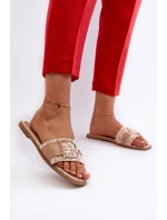 Błyszczące Klapki Damskie Z Ozdobą Beżowe Taleci