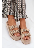 Klapki Damskie Na Platformie Z Klamrami I Plecionką Khaki Limme