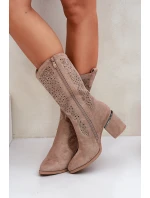 Ażurowe Kozaki Kowbojki Do Połowy Łydki S.Barski HY51-238 Beżowe