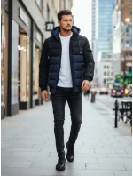 Pánska zimná bunda s kapucňou tmavomodrá a čierna FashionStreet TX5098