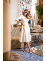 S404 Pletené šaty s opaskom na zaväzovanie - ecru