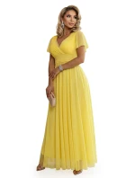 562-8 NASTIA Dlhé šaty so srdiečkovým výstrihom, podšívkou a krátkymi rukávmi - citrónové limoncello