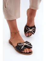 Płaskie Skórzane Klapki Damskie Z Kokardą Laura Messi 2791 Czarne
