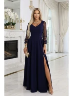 640-3 LORETTA jedinečné dlhé šaty s tylovými rukávmi a výstrihom - tmavomodré