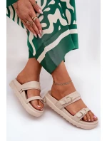 Klapki Damskie Na Platformie Ze Złotymi Klamrami Beżowe Wernone