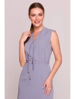 S410 Šaty áčkového strihu so zaväzovaním a výstrihom do V - holubičia sivá
