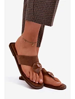 Dámské ploché žabky s ozdobou eko semiš hnědé Selvessa