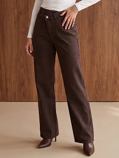 Dámske džínsy so širokými nohavicami a asymetrickým pásom, hnedé, FashionStreet UY3237