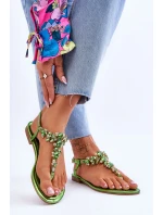 Damskie Sandały Japonki Z Kamieniami Zielone Lenisa