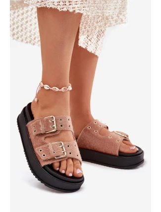 Klapki Damskie Ze Złotymi Klamrami Na Platformie Beżowe Virvania