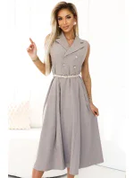 596-2 Elegantná midi košeľa so zlatými gombíkmi a opaskom - GREY BEige