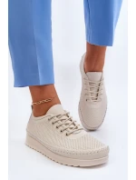 Skórzane Sportowe Buty Trampki Damskie Beżowe Lalnai