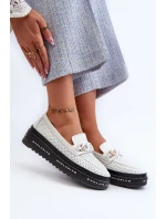 Mokasyny Damskie Skórzane Na Platformie Z Łańcuchem S.Barski LR618 Białe