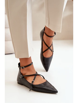 Baleriny Damskie Z Noskami W Szpic I Przeplatającymi Się Paskami Czarne Violra