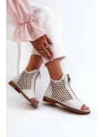 Zazoo 977/L Skórzane Ażurowe Sandały Na Zamek Białe