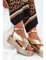 Sandały Damskie Na Platformie I Koturnie Eko Skórzane Złote Tenzorus