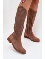 Dámské kozačky s perforovaným vzorem na nízkém podpatku S.Barski HY61-8022 Hnědé