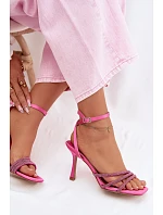 Dámské sandály na podpatku s pásky a kamínky fuchsiové Chiara