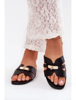 Płaskie Klapki Damskie Z Paseczkiem I Złotym Detalem Czarne Kerenza