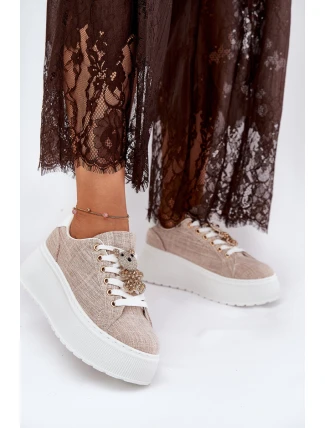 Sneakersy Na Platformie Z Przypinką Miś S.Barski BF51-014 Beżowe