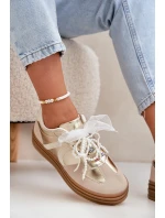 Sneakersy Damskie Na Platformie Z Ozdobami Beżowo-Złote Vinness