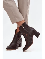 Skórzane Ażurowe Botki Damskie Na Słupku Zazoo 3647 Czekoladowe