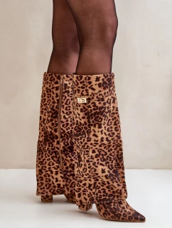 Damskie Kozaki Na Słupku Przed Kolano Panterka Brązowe Portora