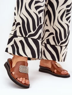 Klapki Damskie Na Koturnie Eko Skórzane Z Ozdobą Brązowe Sarela