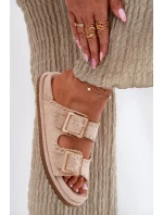 Klapki Damskie Z Klamrami I Ozdobnym Obszyciem Beżowe Visley