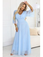 654-3 Dlhé trblietavé plus size šaty s výstrihom a priehľadnými rukávmi - modré