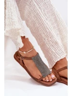 Płaskie Eleganckie Sandały Damskie Z Kryształkami Artiker 56C1365 Brązowe