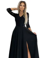 309-11 AMBER čipkované elegantné dlhé šaty s výstrihom a rozparkom na nohách - BLACK 309-11 AMBER čipkované elegantné dlhé šaty s výstrihom a rozparkom na nohách - BLACK