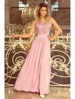 LEA - Dlhé dámske šaty vo farbe taupe bez rukávov, s vyšívaným výstrihom 215-5 LEA - Dlhé dámske šaty vo farbe taupe bez rukávov, s vyšívaným výstrihom 215-5