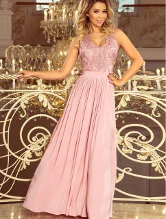 LEA - Dlhé dámske šaty vo farbe taupe bez rukávov, s vyšívaným výstrihom 215-5