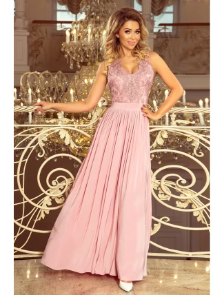 LEA - Dlhé dámske šaty vo farbe taupe bez rukávov, s vyšívaným výstrihom 215-5 LEA - Dlhé dámske šaty vo farbe taupe bez rukávov, s vyšívaným výstrihom 215-5