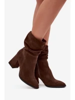 Kozačky z přírodního semiše zateplené na podpatku s vráskou Zazoo 4216 Čokoládové