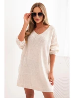 Dámske pletené vlnené šaty vo veľkosti plus size s výstrihom do V, svetlo béžové