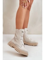 Ocieplane Botki Workery Damskie Na Zamek Eko Skórzane Jasnobeżowe Mailyra