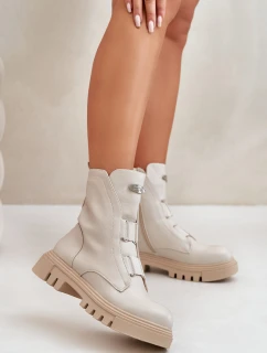 Ocieplane Botki Workery Damskie Na Zamek Eko Skórzane Jasnobeżowe Mailyra